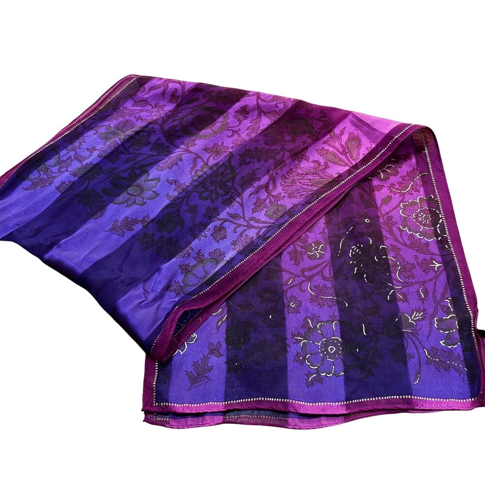 Adrienne Vittadini silk scarf burnout stripes purple pink gold floral rectangle